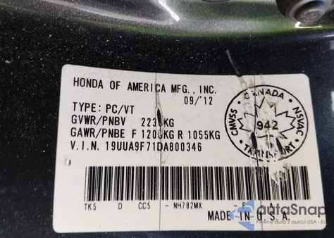 2013 Acura Tl 3.7 из США, поврежденный, VIN 19UUA9F71DA800346